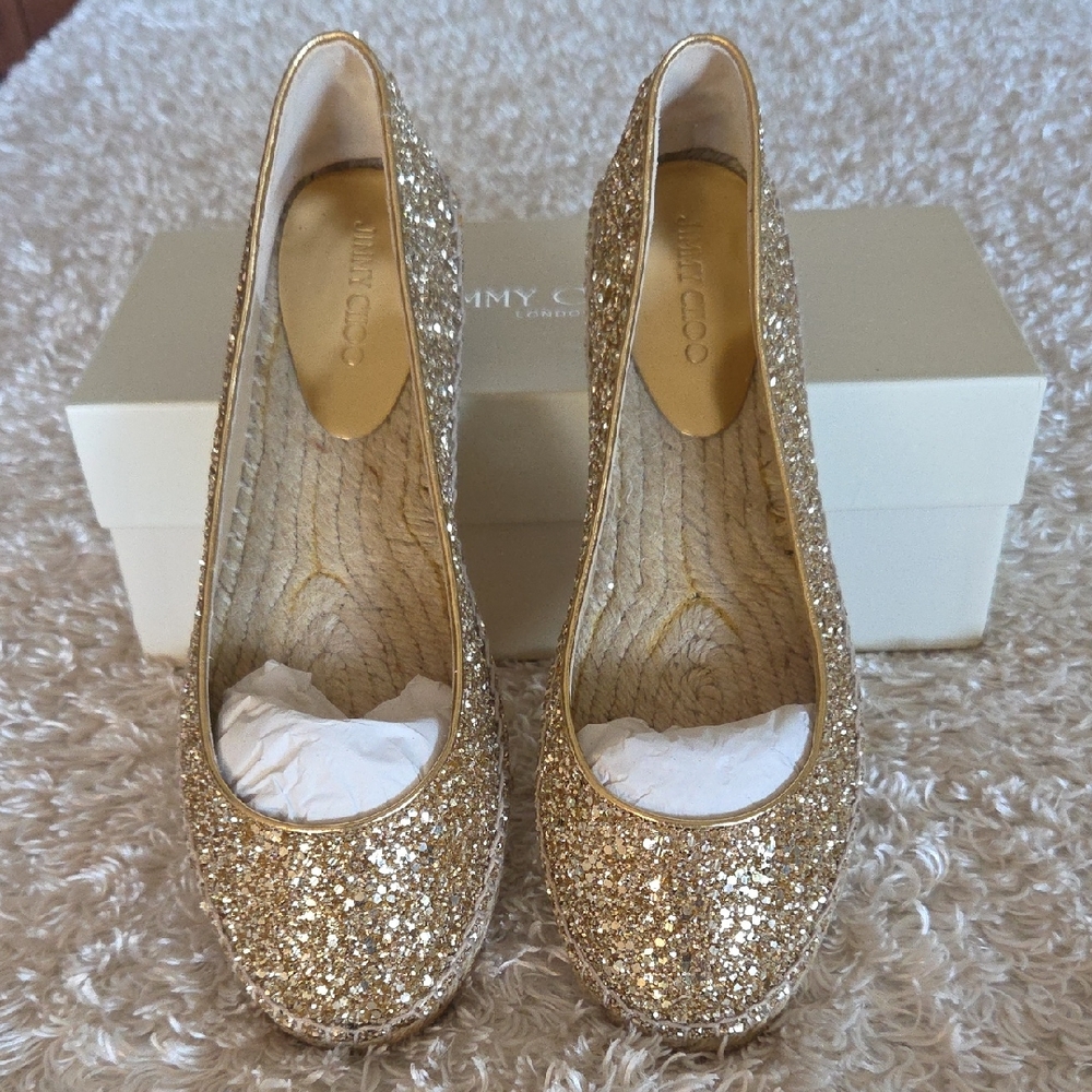 NIB Jimmy Choo Gold Flats Made in Spain. Comes with Box w/Dust Bag!